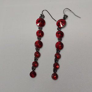 Long Red Glass And Dark Silver Tone Metal Dangle Earrings